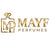 Gold logo for MAYF PERFUMES centered on a plain white background, with an ornate perfume bottle icon and stylized lettering.
