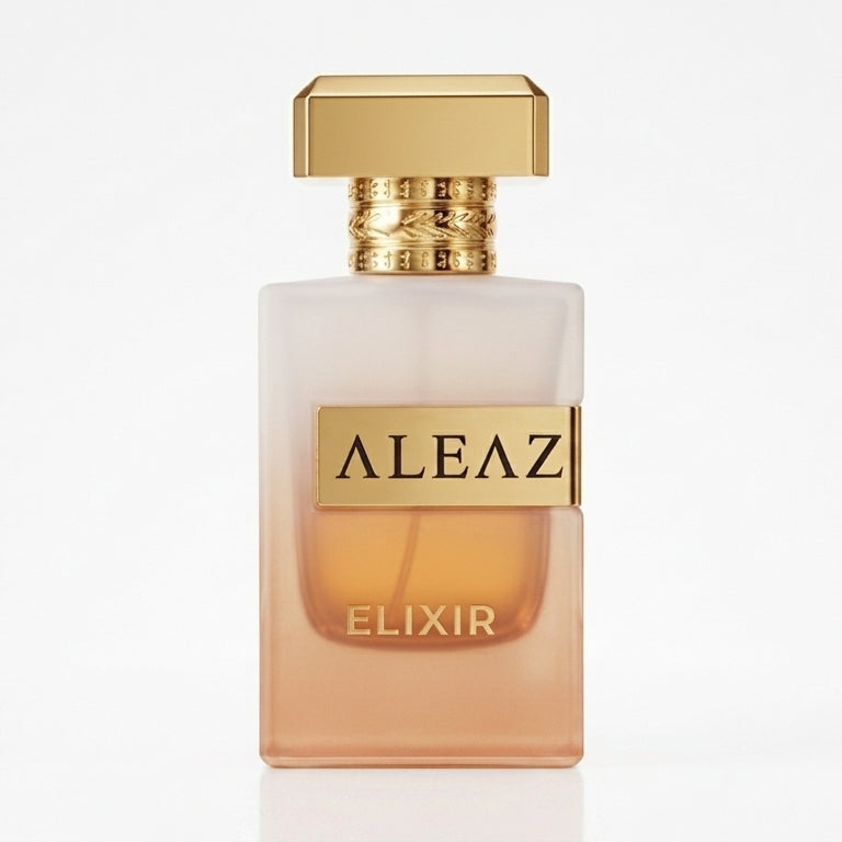 ALEAZ Elixir perfume bottle with a frosted glass body, amber-colored liquid, and a gold cap and label, centered on a white background.