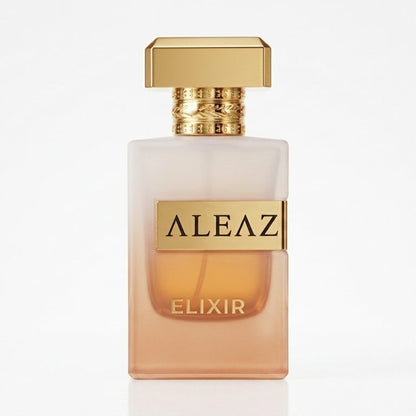 ALEAZ Elixir perfume bottle with a frosted glass body, amber-colored liquid, and a gold cap and label, centered on a white background.