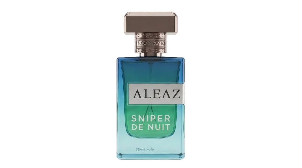 A bottle of ALEAZ Sniper De Nuit perfume, featuring a blue-to-green gradient glass bottle with a metallic silver cap, set against a plain white background.